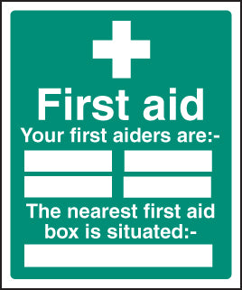Sign indicating who are first aiders and where the first aid box is situated
