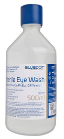 Sterile eye wash bottle with blue cap.