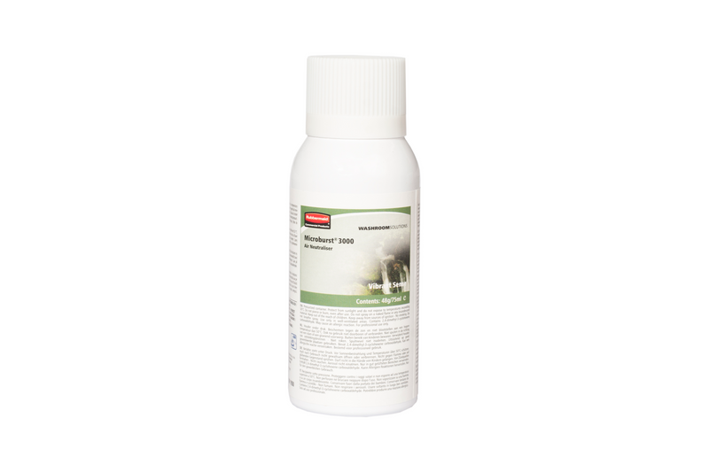 Long-lasting and innovative, Rubbermaid's 75ml Microburst 3000 Aerosol Refills provide up to 168 days, or 3000 sprays, of odour control. Characterised by a lively citrus aroma that is elevated by fresh fruity scents.  Dimensions: W4.5 x H13.5 x D4.5cm