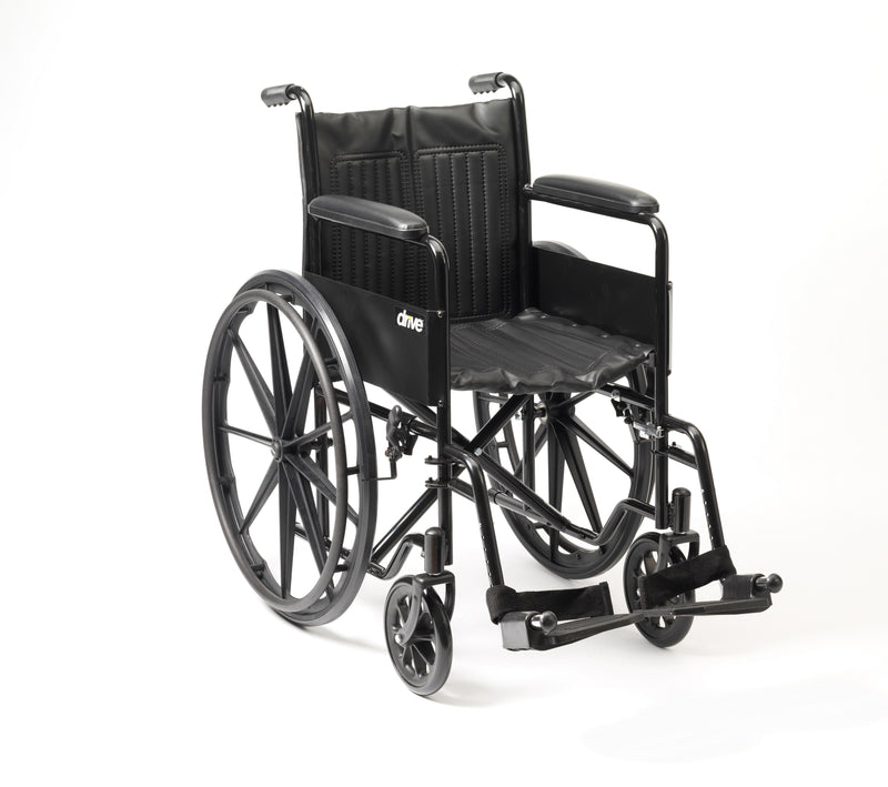 Robust steel frame folds easily for storage and transportation. Features vinyl upholstery and padded armrests for easy cleaning, height adjustable plastic footrests can be swung away or removed and attendant or user accessible parking brakes on rear wheels. 