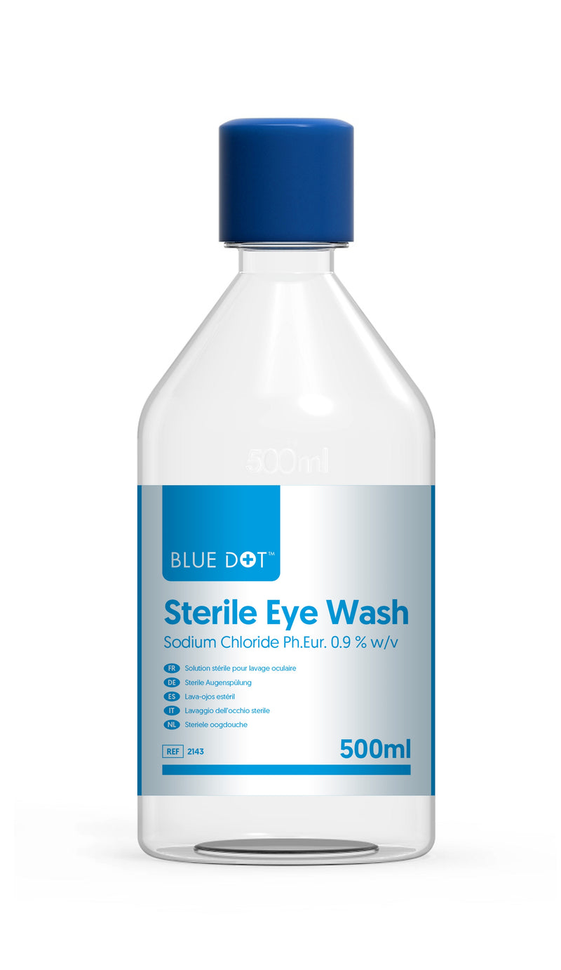 500ml sterile eyewash solution 0.9% w/v sodium chloride EP which means it is ideal for irrigating and cleansing the eye, or a wound. Standard size fits all of our eyewash stations and kits. Can be used for both irrigating the eye and a wound.