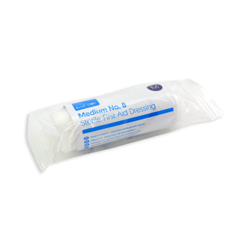 HSE compliant sterile flow wrapped dressing with a fast edged bandage .Key Features:-Sterile first aid dressing-Low adherent pad -Long & Strong conforming bandages for securing dressings in place-Individually flow wrapped.