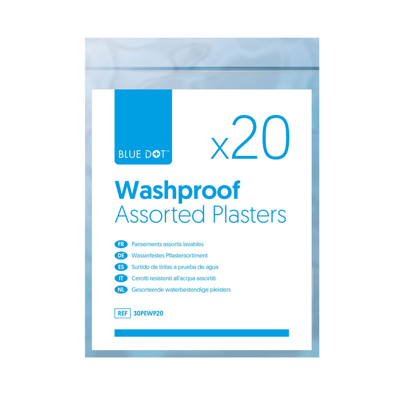 Washproof plasters assorted sizes quantity 20 for first aid kits. Provide a skin coloured Washproof material non-adherent absorbent wound pad which protects and cushions the wound. Hypoallergenic and latex free. Class I product according to Rule 4 of the Medical Devices directive 2007/47/ec 1993. CE registration mark.