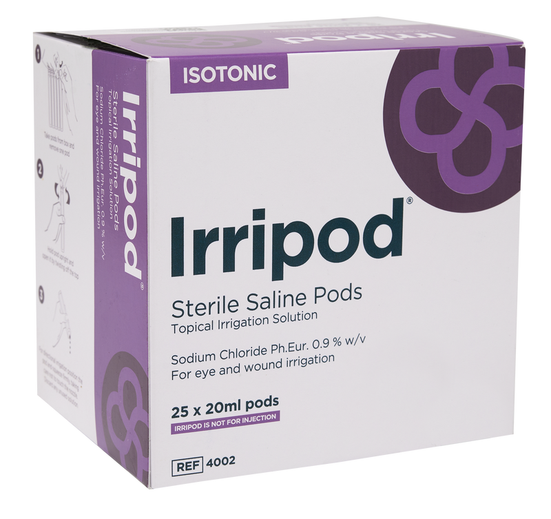 Irripod® - Normal Saline. Exceptional Value Irripod® is a preservative-free isotonic sterile solution of sodium chloride in water, used for topical irrigation and cleansing of wounds and burns. Irripod® comes in handy twist-open pods, ideal for accurate directional irrigation Dispensing gentle drops. 
