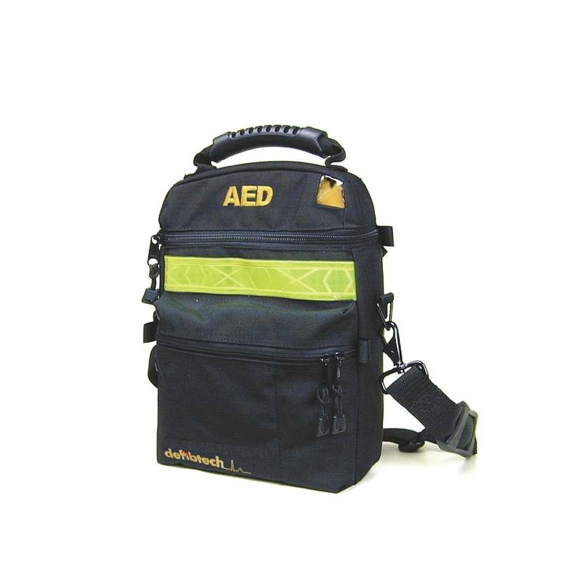 Defibtech Lifeline BLACK Soft Carrying Case. This carrying case is designed to hold a Lifeline AED defibrillator, extra sets of pads, an extra battery and other accessories as needed. It features ballistic nylon construction, a highly reflective safety strip and carrying handle. 