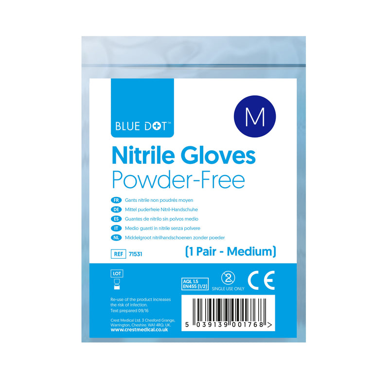 Our pairs of nitrile powder free gloves are a popular choice when looking to replenish items from within a first aid kit. They are individually packed in a sealable bag and are compact allowing them to fit in virtually any size of first aid bag or box. Nitrile Powder Free Examination Glove.