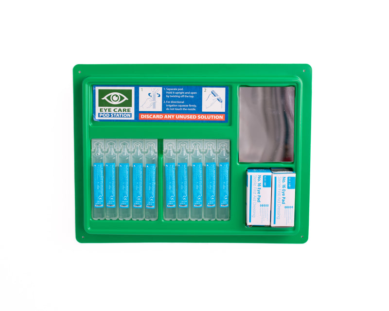 Compact wall mounted sterile eyewash station.  The 20ml sterile eyewash pods are simple to use and simply twist off the top to allow the 0.9% w/v sodium chloride solution. Ideal workplace eyewash station. 