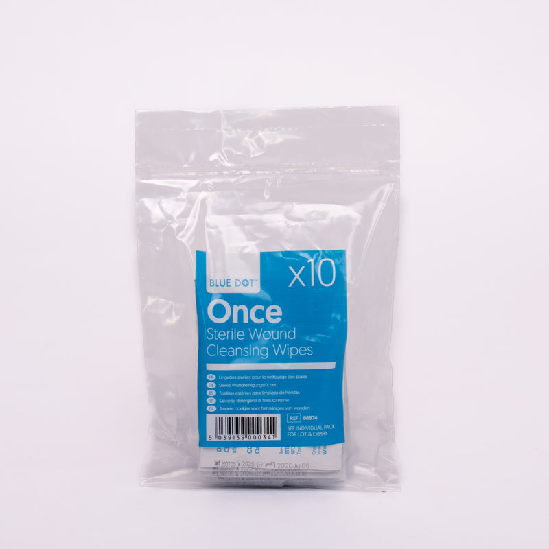 Blue Dot Once Sterile Saline Wipes can be used on broken skin to properly clean wounds. An essential item for all first aid kits these wipes are impregnated with 0.9% sodium chloride solution. 