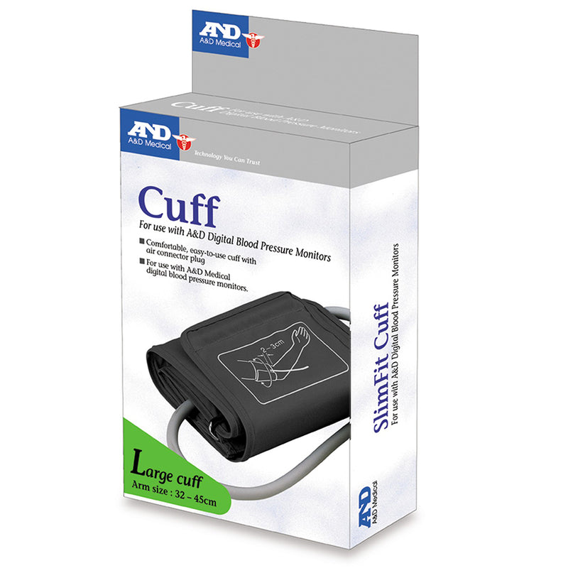 A large Slimfit adult latex free cuff for the A&D UA series automatic upper arm blood pressure monitors. This cuff fits an arm from 31-45 cm in diameter and includes the connector. Using the correct size cuff is important for an accurate reading. 
