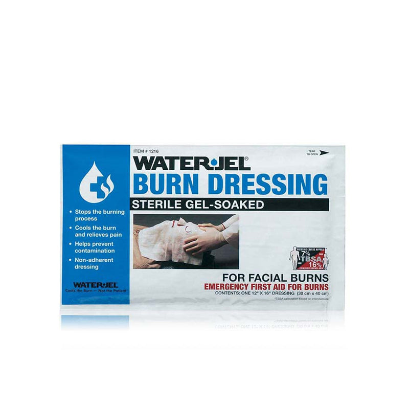 Water-Jel Face Dressing features nose, mouth and eye slits and eyelid flaps. The non-woven dressing is saturated with cooling gel to immediately provide relief to the casualty and halt the progression of the burn. They are non-adherent so they will not stick to burn injuries. 