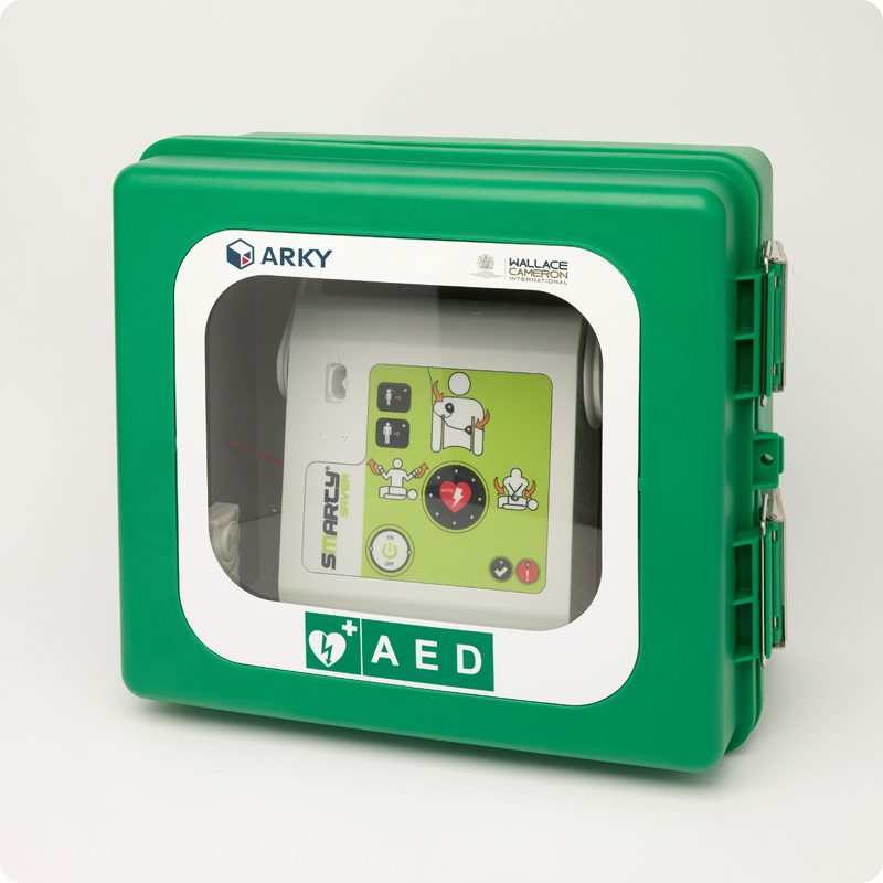 Smarty Saver AED housed in outdoor Wallace Cameron AED heated Cabinet 