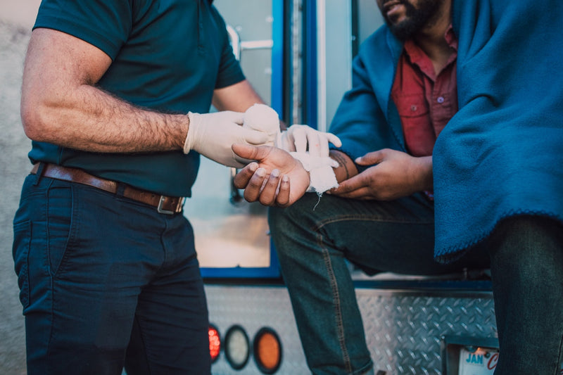 Bandaged hand.