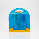Blue and yellow plastic carrying case.