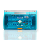Wall-mounted, transparent blue first aid dispenser.