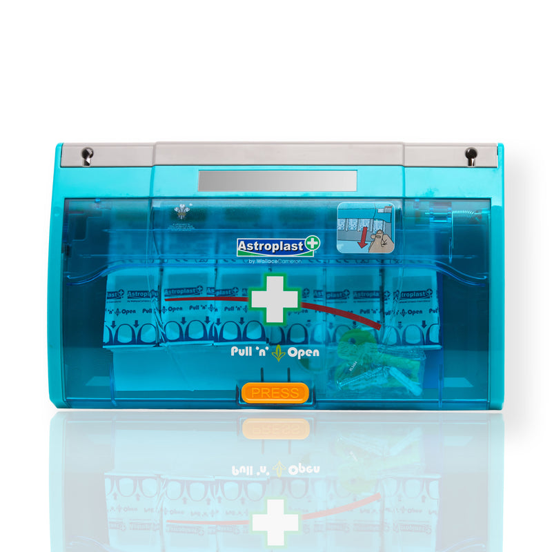 Wall-mounted, transparent blue first aid dispenser.