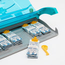 Bandage dispenser with refills and key.