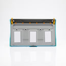 Rectangular gray and blue plastic container.