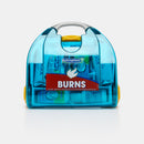 Blue plastic first aid kit.