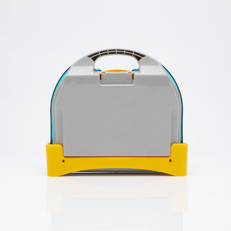 Gray and yellow plastic carrying case.