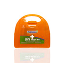 Orange plastic first aid kit.
