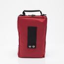 Red rectangular bag with black handle.