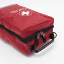 Red first aid kit with black zippers and handle.