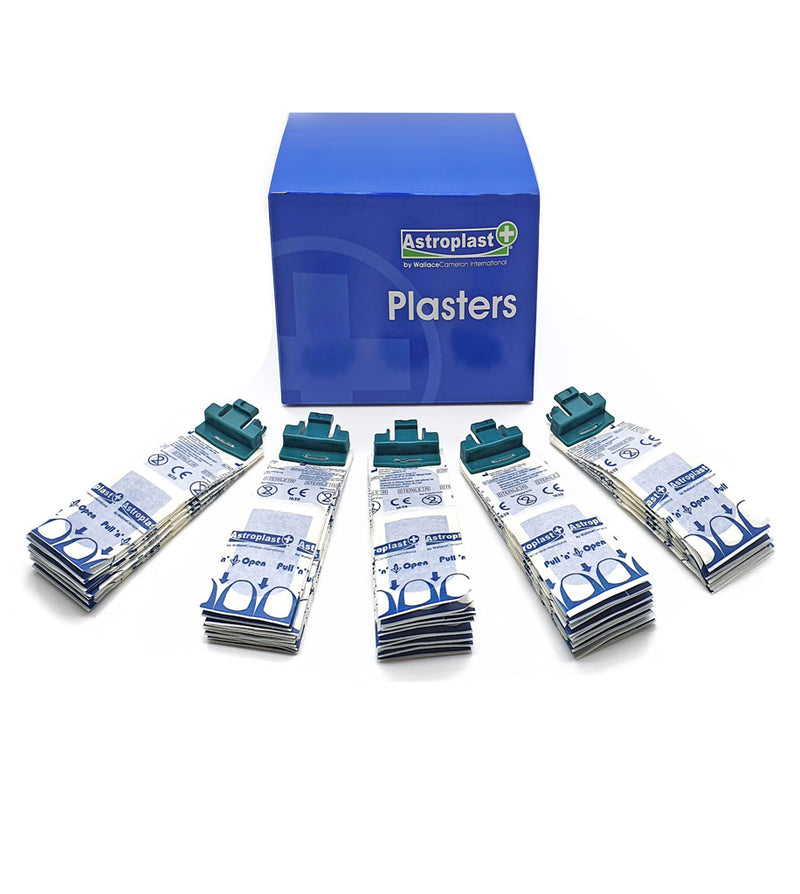 Box of Astoplast plasters with individually wrapped bandages.