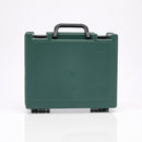 Green plastic briefcase with black handle.