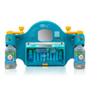 Blue eye wash station with bottles.