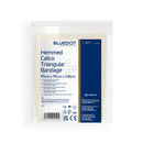 Hemmed calico triangular bandage in packaging.