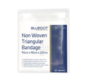 Non-woven triangular bandage in a clear plastic package.