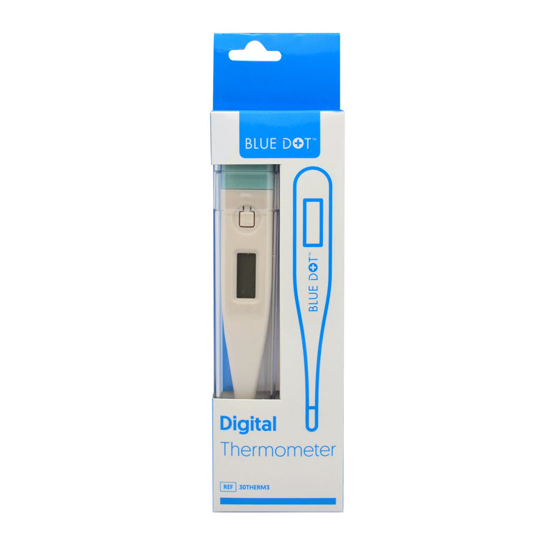 Highly accurate and fast responding digital thermometer, with easy to read digital display produced under our well know Blue Dot brand. Break-resistant and child-safe probe. Accuracy + 0.1C. Use orally, rectally or under the arm.
