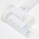 Clear plastic graduated laboratory tubes with white caps.