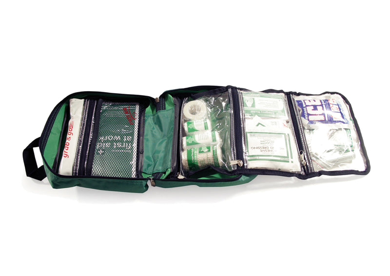 A fully comprehensive roll out kit with four individually zipped, transparent compartments. The content of this multi-purpose kit have been designed to suit most purposes.  Medium Size Soft Pouch 4 Transparent Compartments Roll out Kit Grab & Go Section