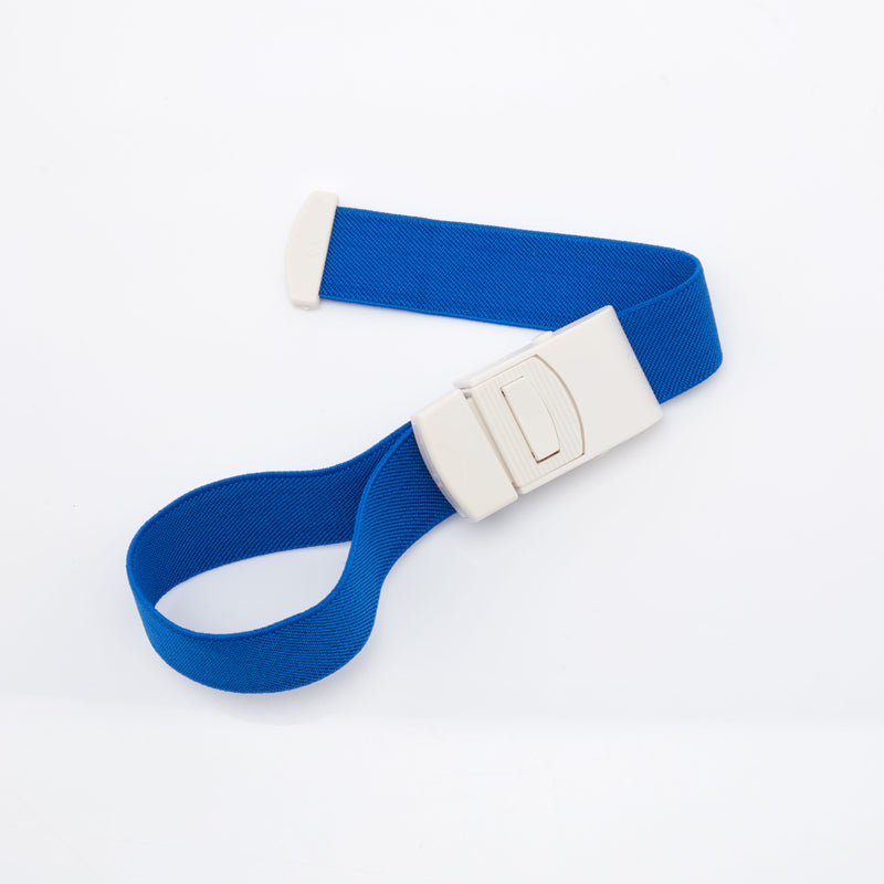 Blue tourniquet with white buckle.