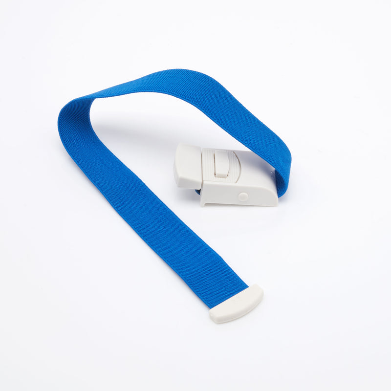 Blue tourniquet with white buckle.