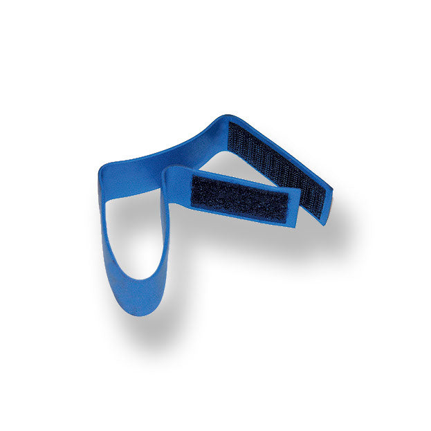 Blue finger splint with Velcro straps.