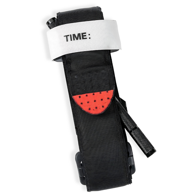 Black tourniquet with time band.