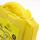 Yellow biohazard disposal container.