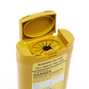 Yellow sharps disposal container with open lid.