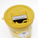 Yellow sharps container with a gray safety flap.