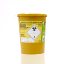 Yellow biohazard sharps container.