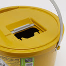 Yellow sharps container with lid.