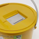 Yellow sharps container with gray lid.