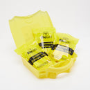 Yellow sharps disposal packs in a container.