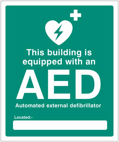 Sign indication that the building is equipped with an AED and its location