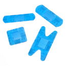 Blue adhesive bandages in various shapes.