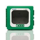 Green AED storage cabinet.