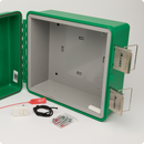 Open green wall-mounted box with accessories.