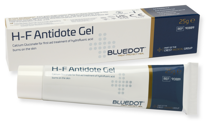 H-F Antidote Gel from Bluedot is the UK’s most trusted burn care product, providing instant treatment and relief from acid burns. Its gel formula and specialist active ingredients make it the ideal treatment in an emergency situation, protecting the burn site from prolonged chemical damage as it fights to stop calcium in bones being eroded by the acid.